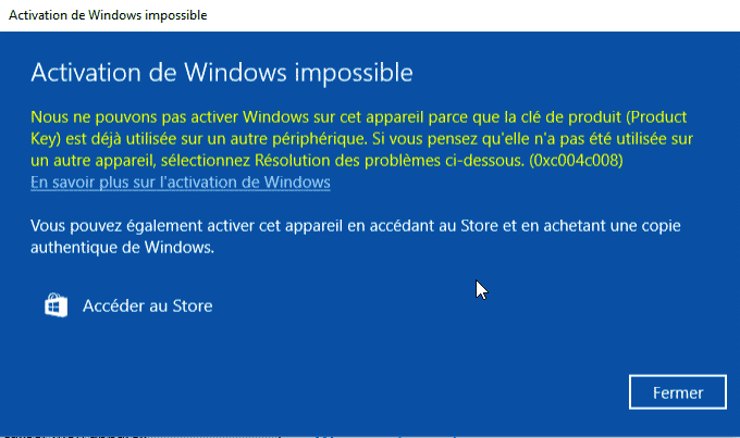 erreur activation windows 10