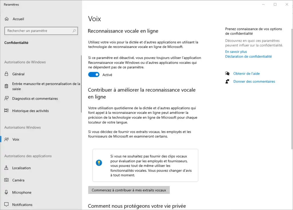 activer la reconnaissance vocale en ligne dans windows